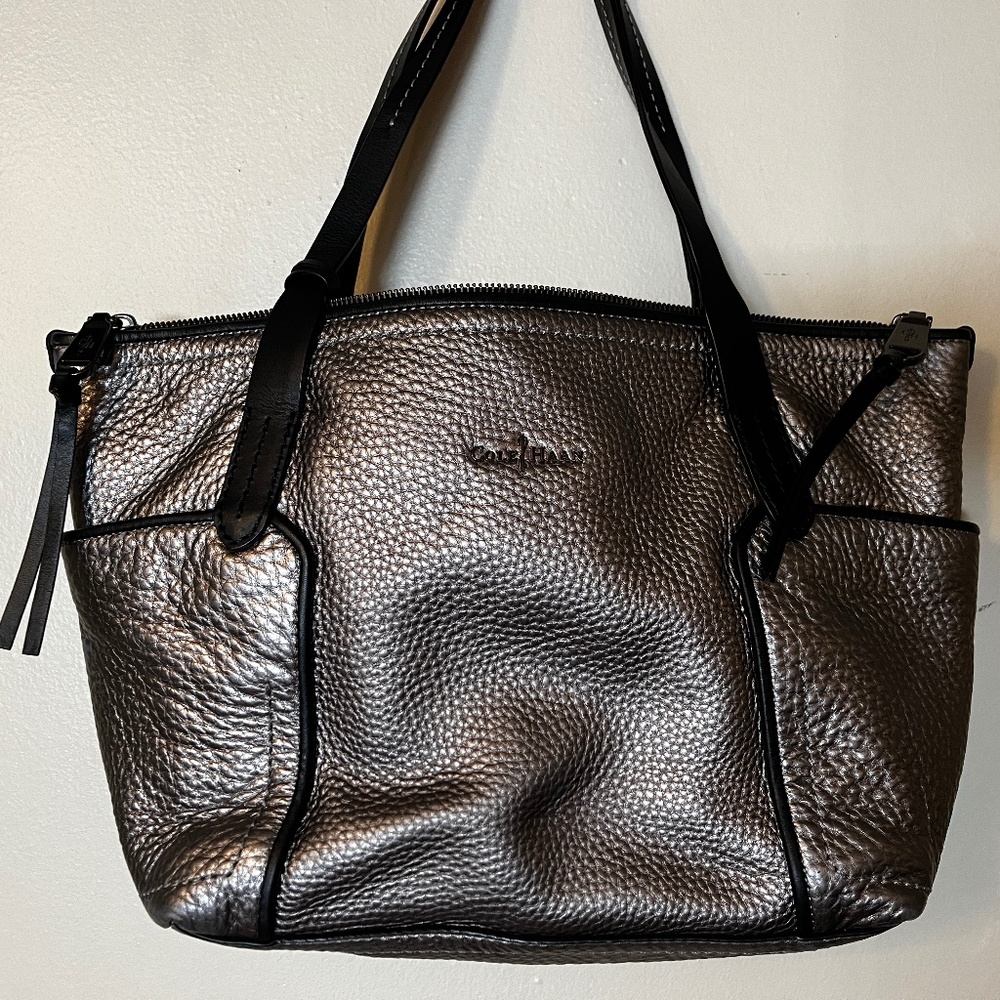 Cole Haan Pewter Metallic and Black Pebbled Leather Totebag Like New
